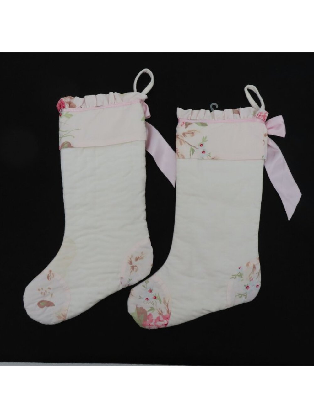Simply Shabby Chic Pair of 2 Pink Floral Ruffle Christmas Stockings Holiday Xmas - Picture 11 of 15